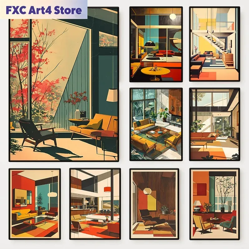 프레임리스 빈티지 인테리어 건축 포스터 미드 센추리 바 - Interior Design Layout 리뷰 및 가격